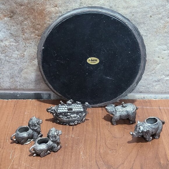 Vintage Ganz Miniature Pewter Noahs Ark Bear Lion Elephant Figures on Mirror Bas - Picture 5 of 13